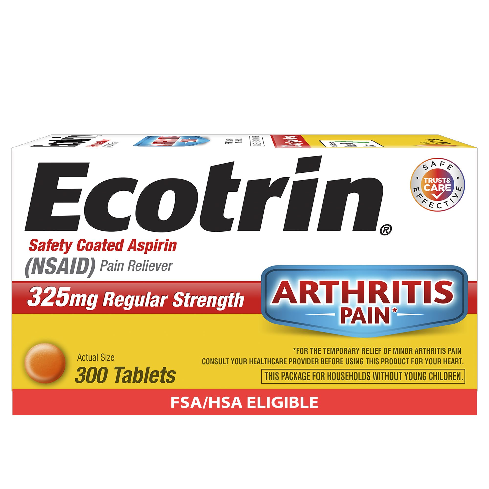 Ecotrin Regular Strength Aspirin, Arthritis Pain Relief, 325mg Regular Strength, 300 Safety Coated Tablets