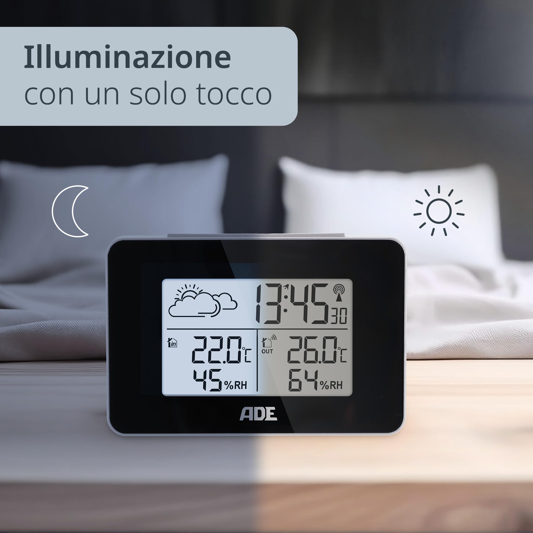 ADE Stazione meteo Digitale con Sensore Esterno | Termometro Digitale Ambiente Interno Esterno | Igrometro Umidità | Sveglia | Display a LED illuminato | nero