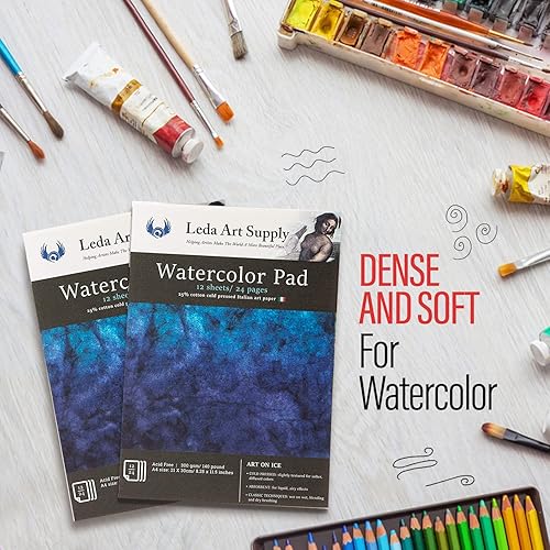 Miniatura 6 de Leda Art Supply Paquete de 2 almohadillas de acuarela prensadas en caliente 24 hojas 1058oz - 140 libras 25 algodón papel de arte italiano fino con