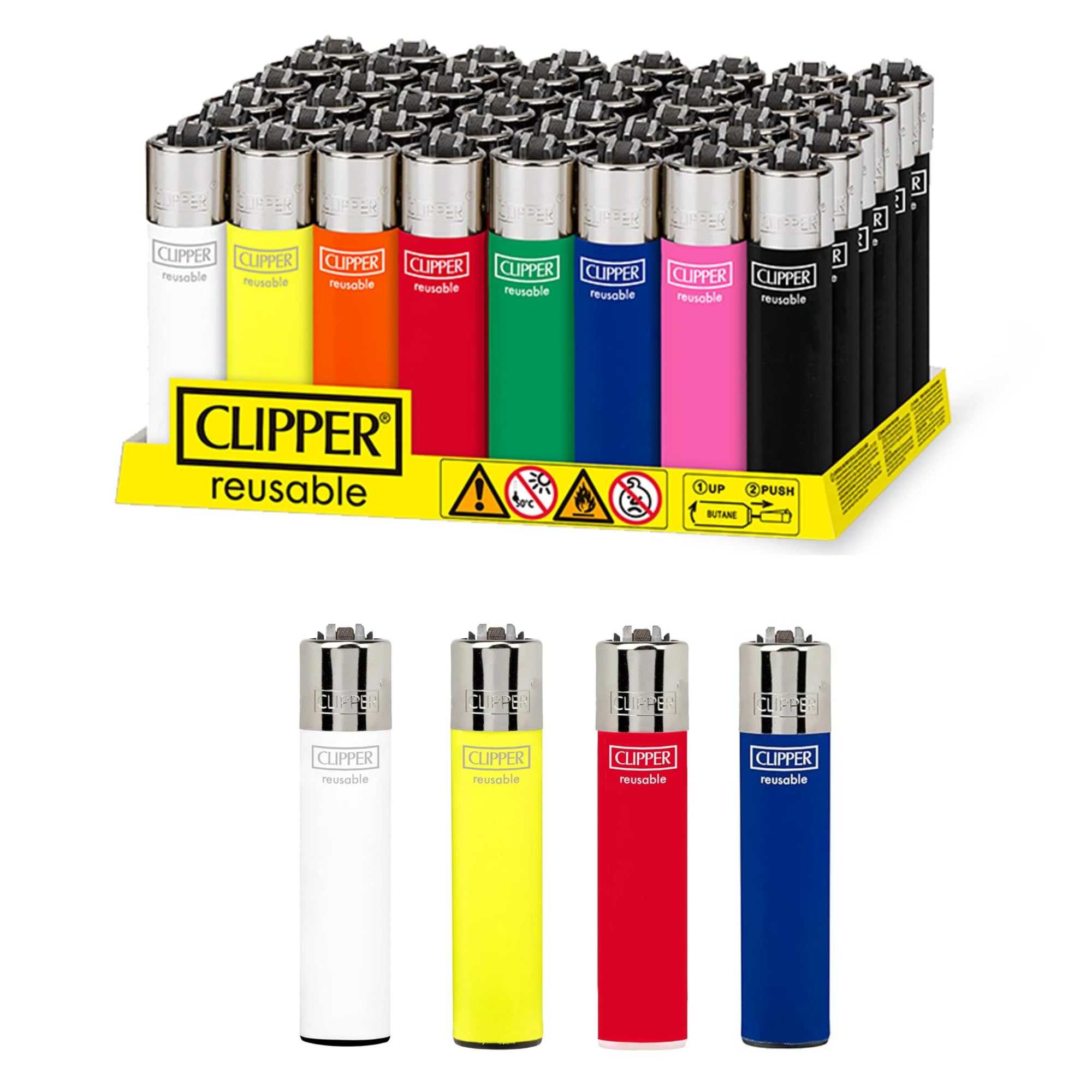 4X Clipper Lighter Solid Colors Collection Reusable & Refillable Flint - Windproof Flame Refillable Lighters (Yellow)