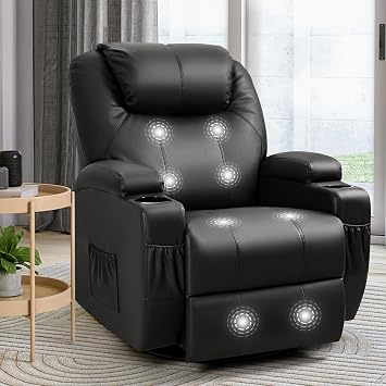 Furniwell Rocker Recliner Chair with Massage for Elderly, Leather Adjustable 360Swivel Rocking Sofa for Living Room with Remote Control, Cup Holders Black