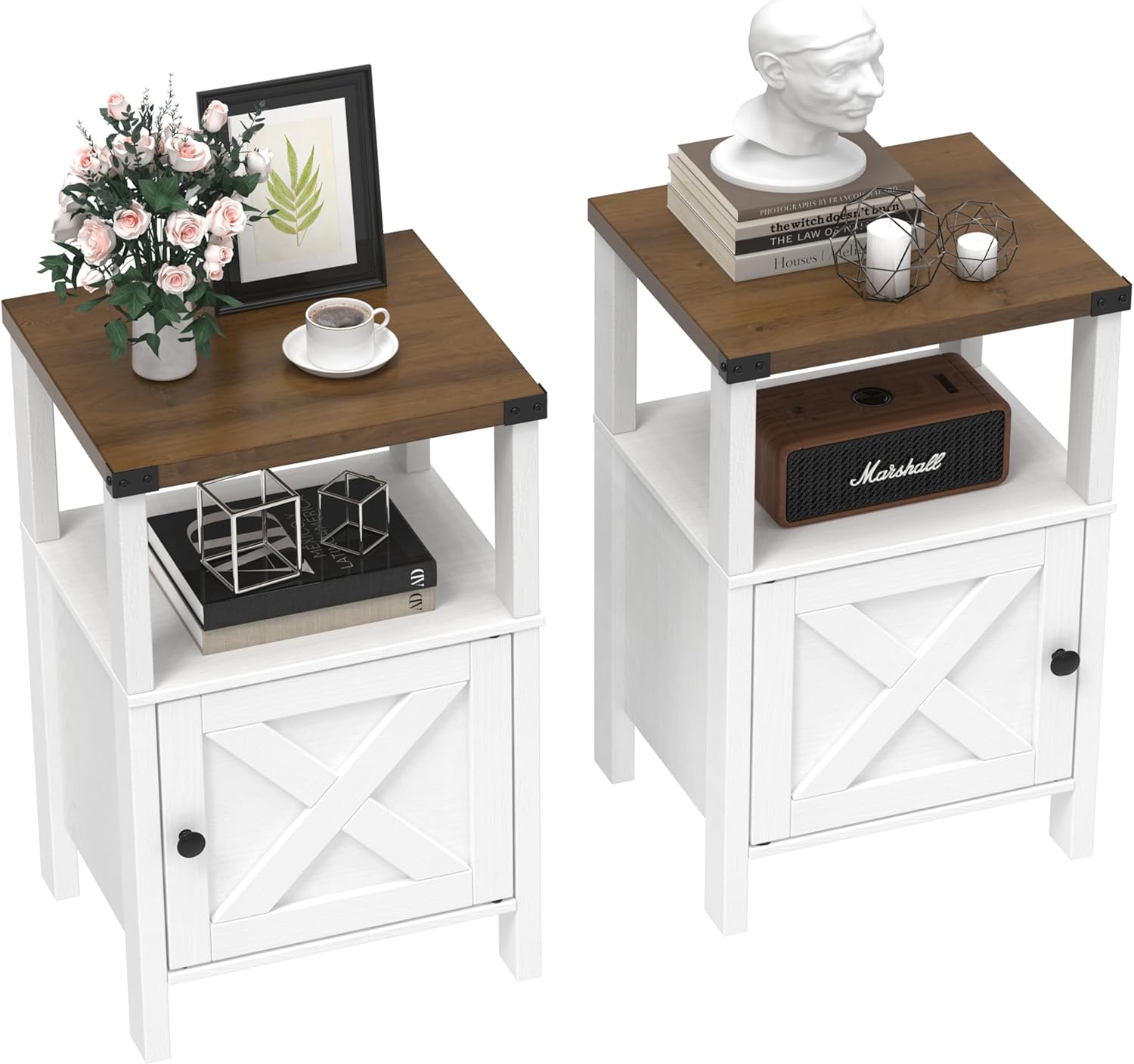 Set of 2 Farmhouse Nightstands, Sofa Side End Table with Storage, Wood Bedside Table with Barn Door for Bedroom Living Room Rustic Vintage White