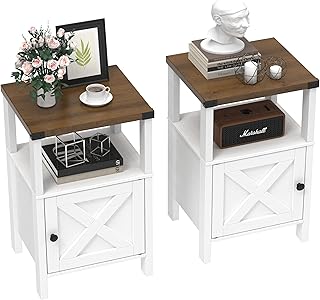 Set of 2 Farmhouse Nightstands, Sofa Side End Table with Storage, Wood Bedside Table with Barn Door for Bedroom Living Room Rustic Vintage White