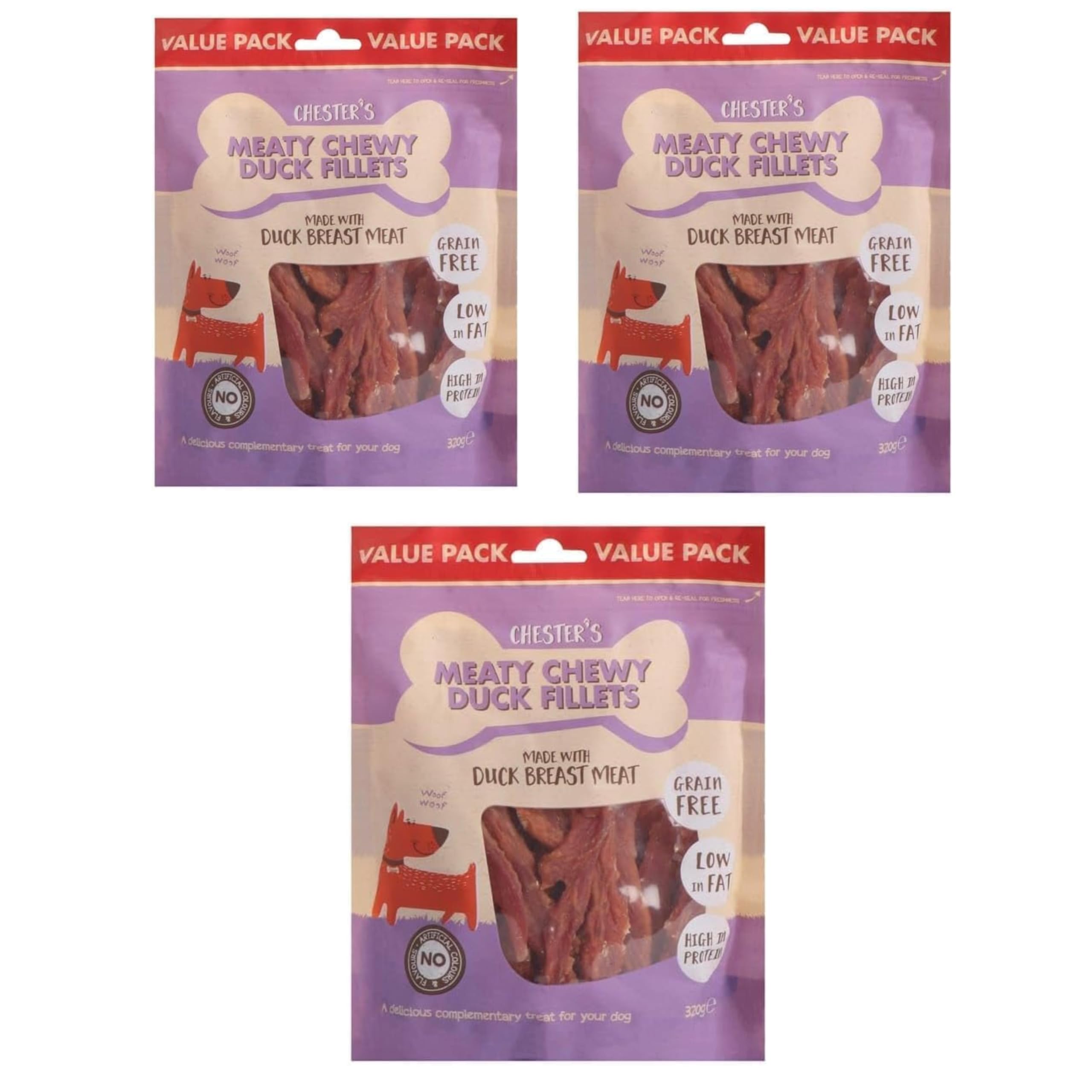 Chesters Meaty Chewy Chicken โ 100% Natural Chicken Breast Dog Treats, High Protein, Grain-Free, Healthy Snack, Training Treats, Pack of 3 (Duck Fillets)