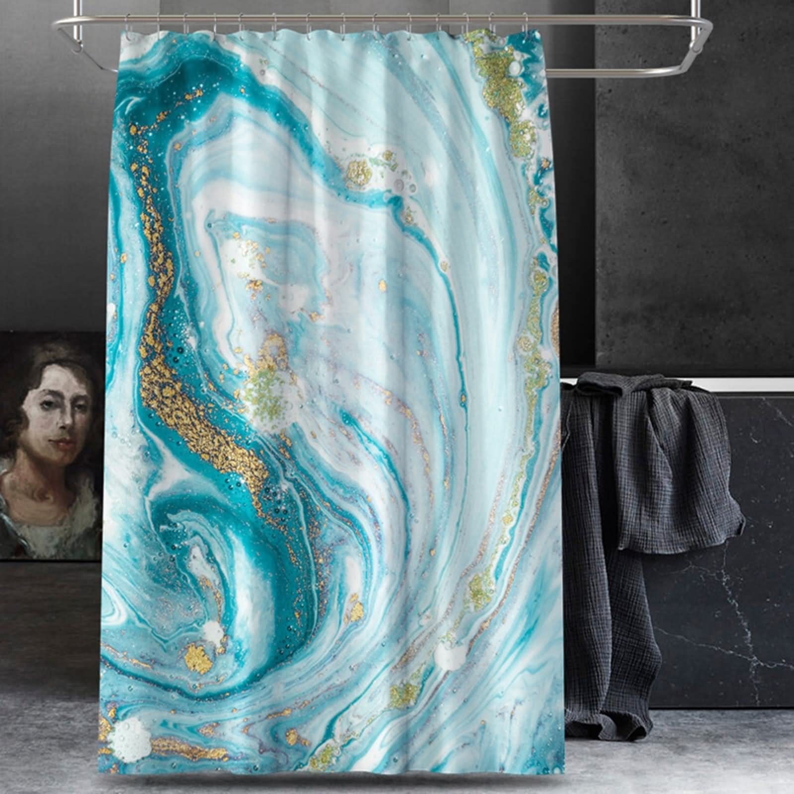 Elegancka zasłona prysznicowa, dekoracyjna zasłona prysznicowa pozłacany marmur biały niebieski poliester 180 x 244 cm akcesoria łazienkowe