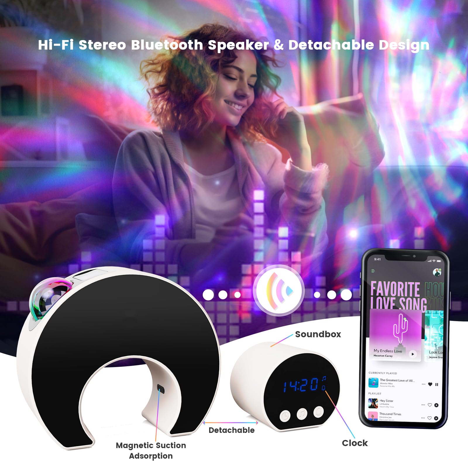 Proiettore luce camera, proiettori a luce di luna, altoparlanti Bluetooth e timer dominato, illuminazione per bambini, camera da letto adulta, feste, oggetti da arredamento, facilmente rimovibili