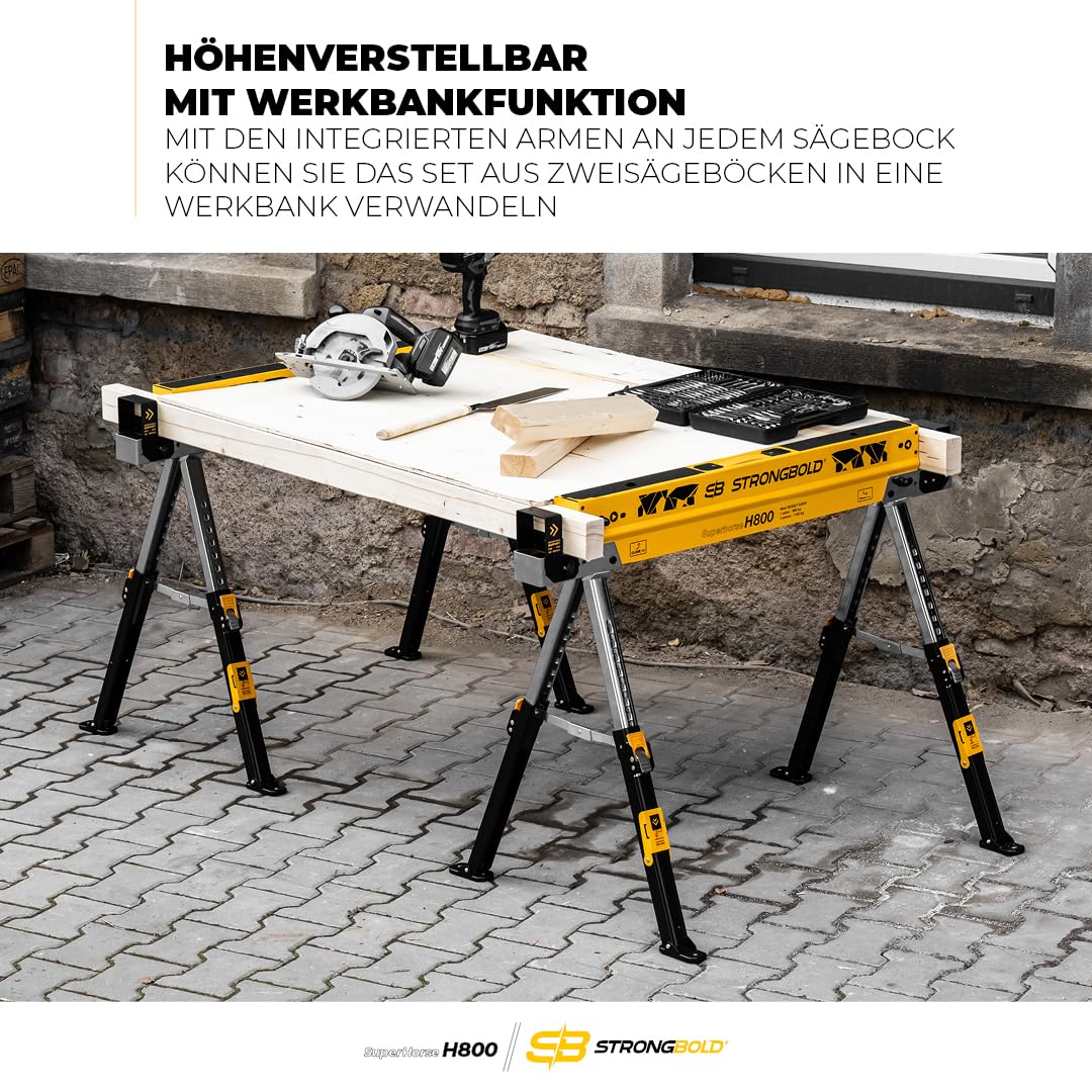 Arbeitsbock 2er-Set Superhorse H800, Klappbare höhenverstellbare Schwerlast Arbeitsböcke mit 1.180 kg Tragkraft im Paar, multifunktional, kompaktes Design mit Werkbankfunktion