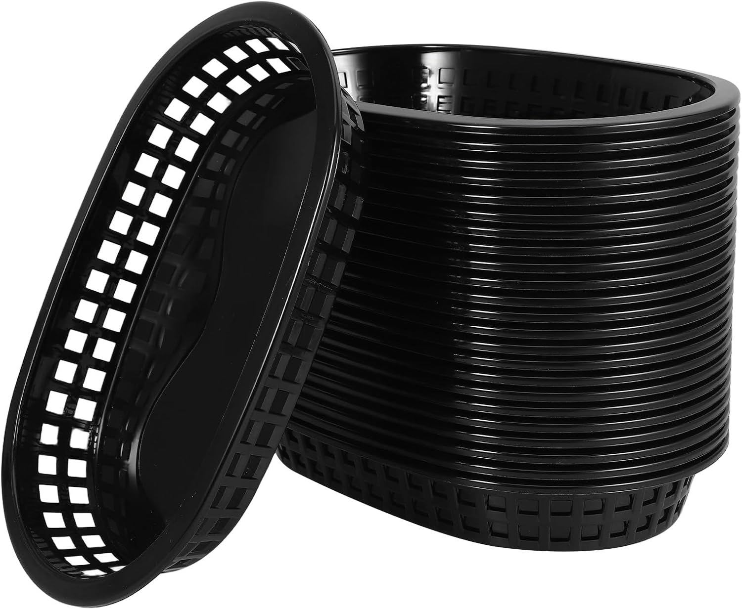 Tofficu 24pcs Black Plastic Snack Baskets and Food Trays for Fast Food Serving, French Fry and Burger Storage Containers, Sturdy Picnic and Restaurant Catering Bread Holders
