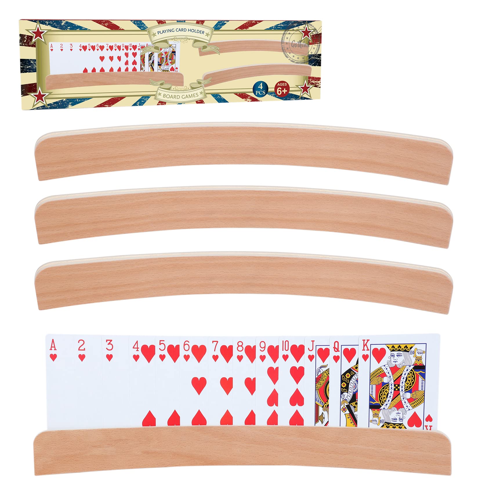 GOTHINK Set of 4 - Wood Curved Playing Card Holder for Kids Adult Seniors Solid Wood Cards Holders for Playing Cards 13.4 x1.4 x 0.5 Inch Non Slip Card Deck for Bridge Canasta Strategy Card Games