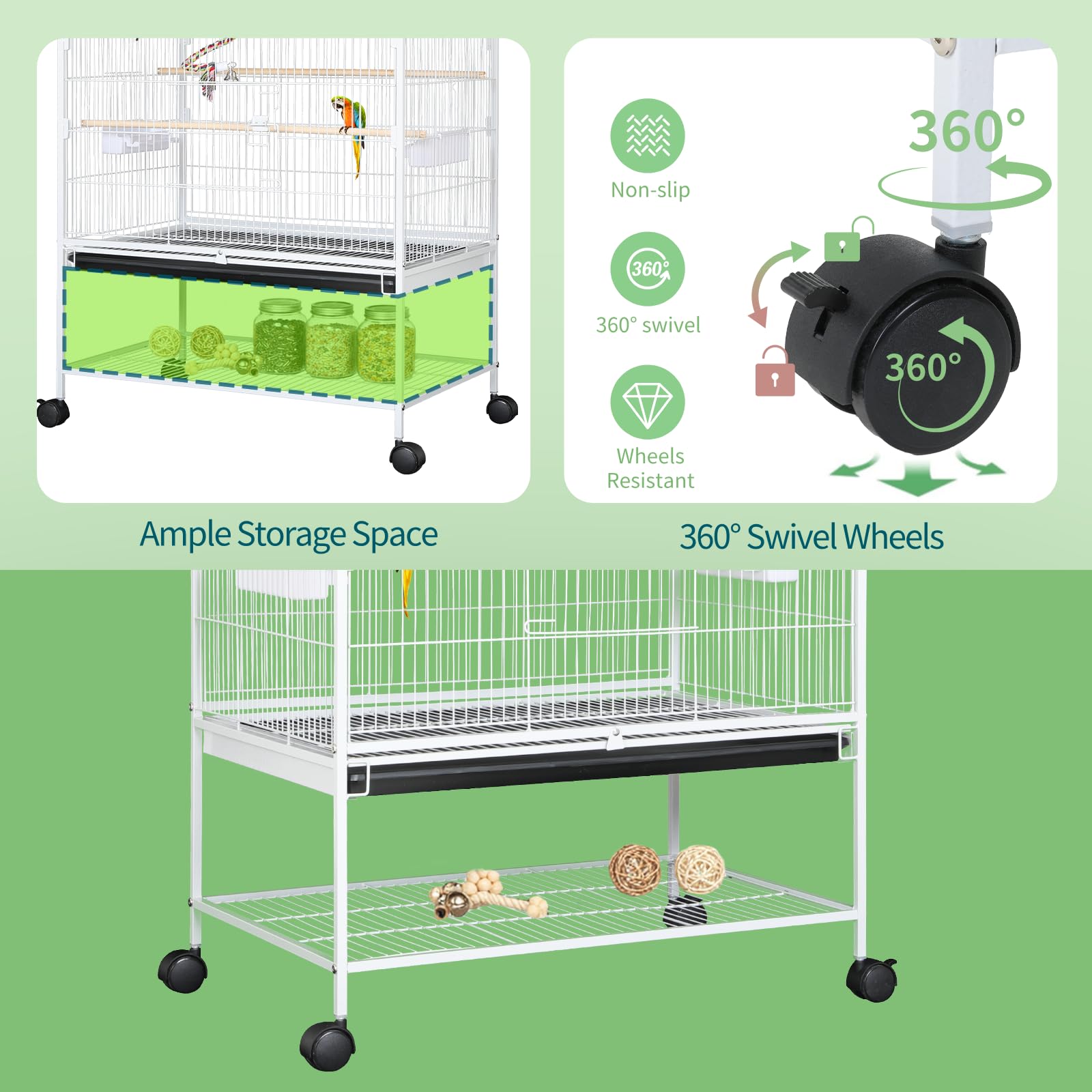 LIFERUN Vogelkäfig groß, Vogelkäfig aus Metall, Vogelbauer mit 4PCS Rollen, Wellensittich käfig mit Futternapf, Käfigspielzeug, Spring-Schaukel für Vogel mit 2 Türen 4 Holzstangen, 132 x 78 x 52 cm