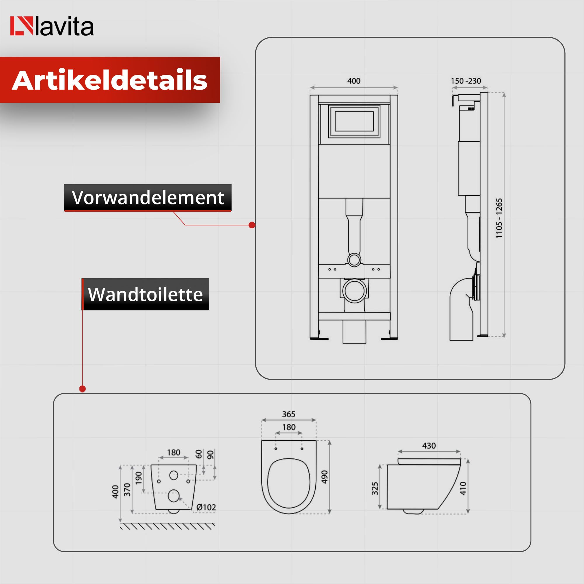 Lavita LAV 101 Vorwandelement für WC 40cm + Wand Hänge Tiefspül WC SOGO Weiß Spülrandlos + Bedienplatte LAV 200.4.4 Schwarz + WC Sitz mit Absenkautomatik Komplettset Unterputz Spülkasten WC