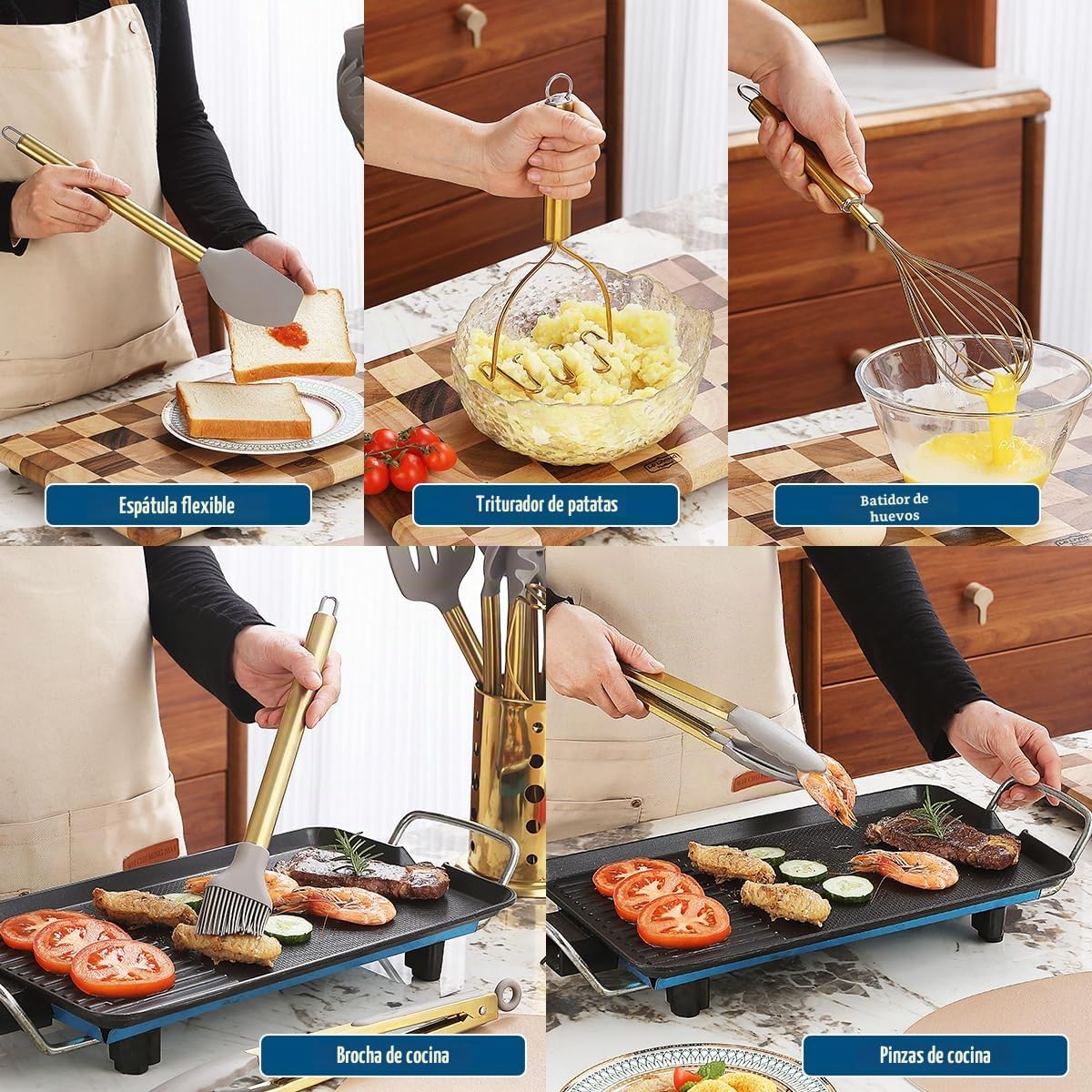 Juego de Utensilios de Cocina Dorados, Kyraton 38 Utensilios de Cocina de Silicona Antiadherente, Juego de Cucharas y Espátulas con Robusto Porta Utensilios de Acero Inoxidable, Apto para Lavavajillas
