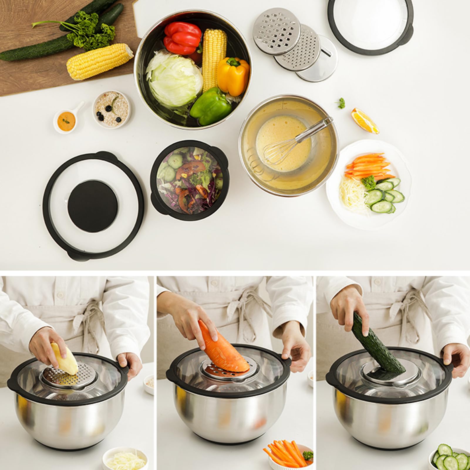3Pcs Rührschüssel Mit Deckel,1.5L/2.5L/4.5L Edelstahl Schüssel Mit Deckel,Edelstahl Schüssel Salatschüssel Set Mit Deckel & Silikonboden & 3 Reibenaufsätzen,Salatschüssel Mit Deckel Groß (A)