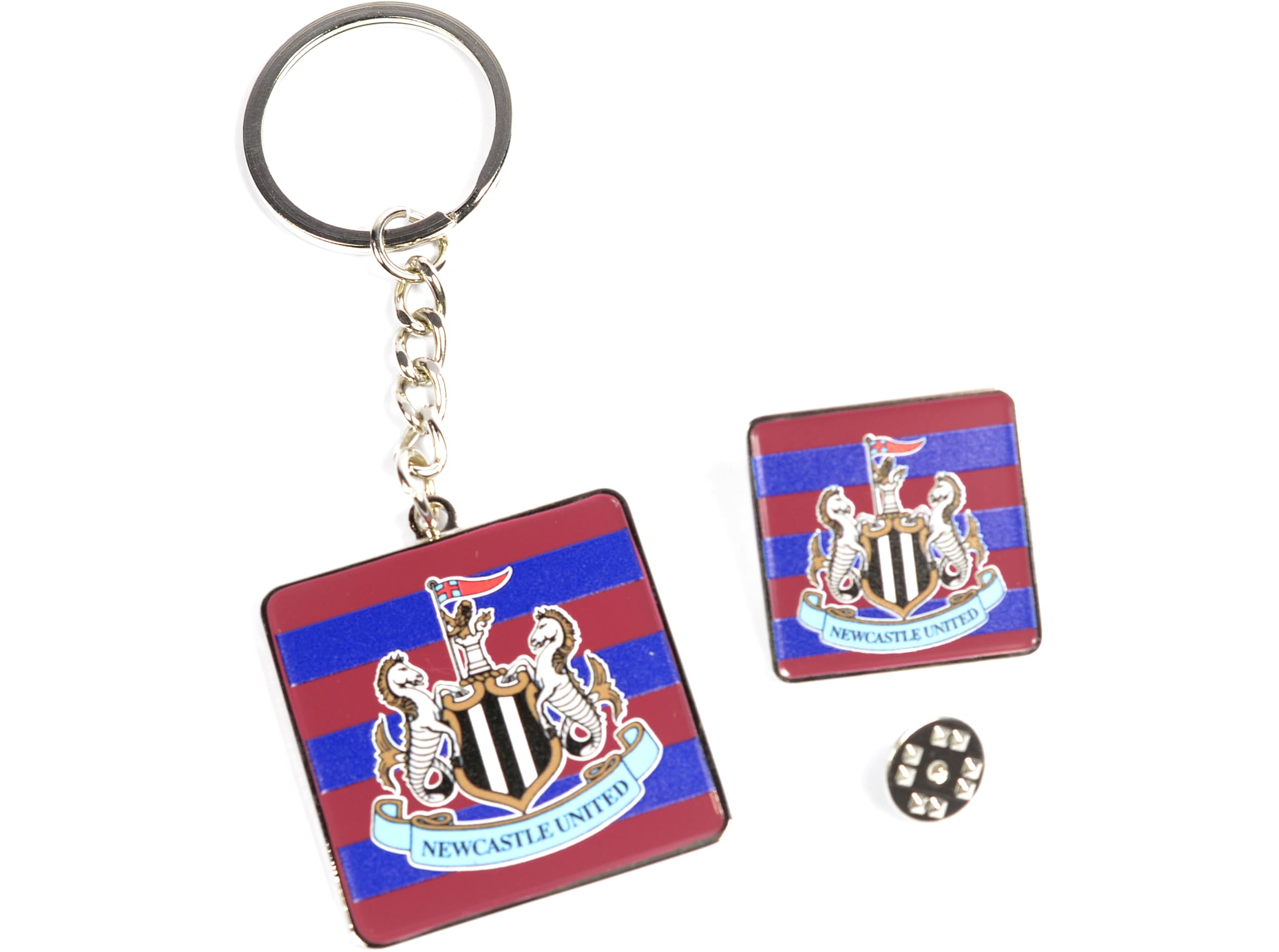 Newcastle United Official Keyring and Badge Set, Red and Blue Striped Design with Club Crest