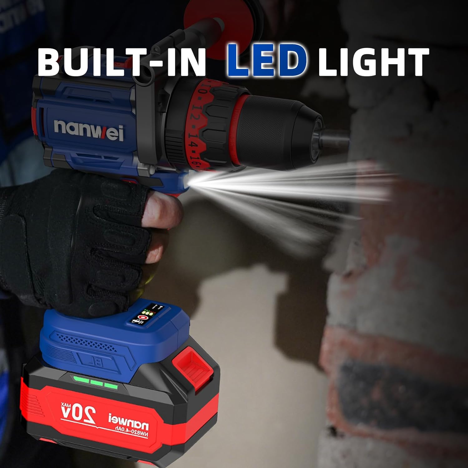 NANWEI Hammer Drill,1450in-lbs,26000BPM,1/2" Keyless Metal Chuck,20+3 Clutch,2x4.0Ah Batteries,20V Brushless Cordless Impact Drill Kit for Drilling Brick Wall, Metal, Wood,Concrete