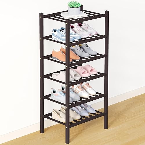 Miniatura 3 de Smiry Zapatero de bambú para clóset, organizador de zapatos apilable de 4 niveles largo de madera, estante de almacenamiento de zapatos Negro