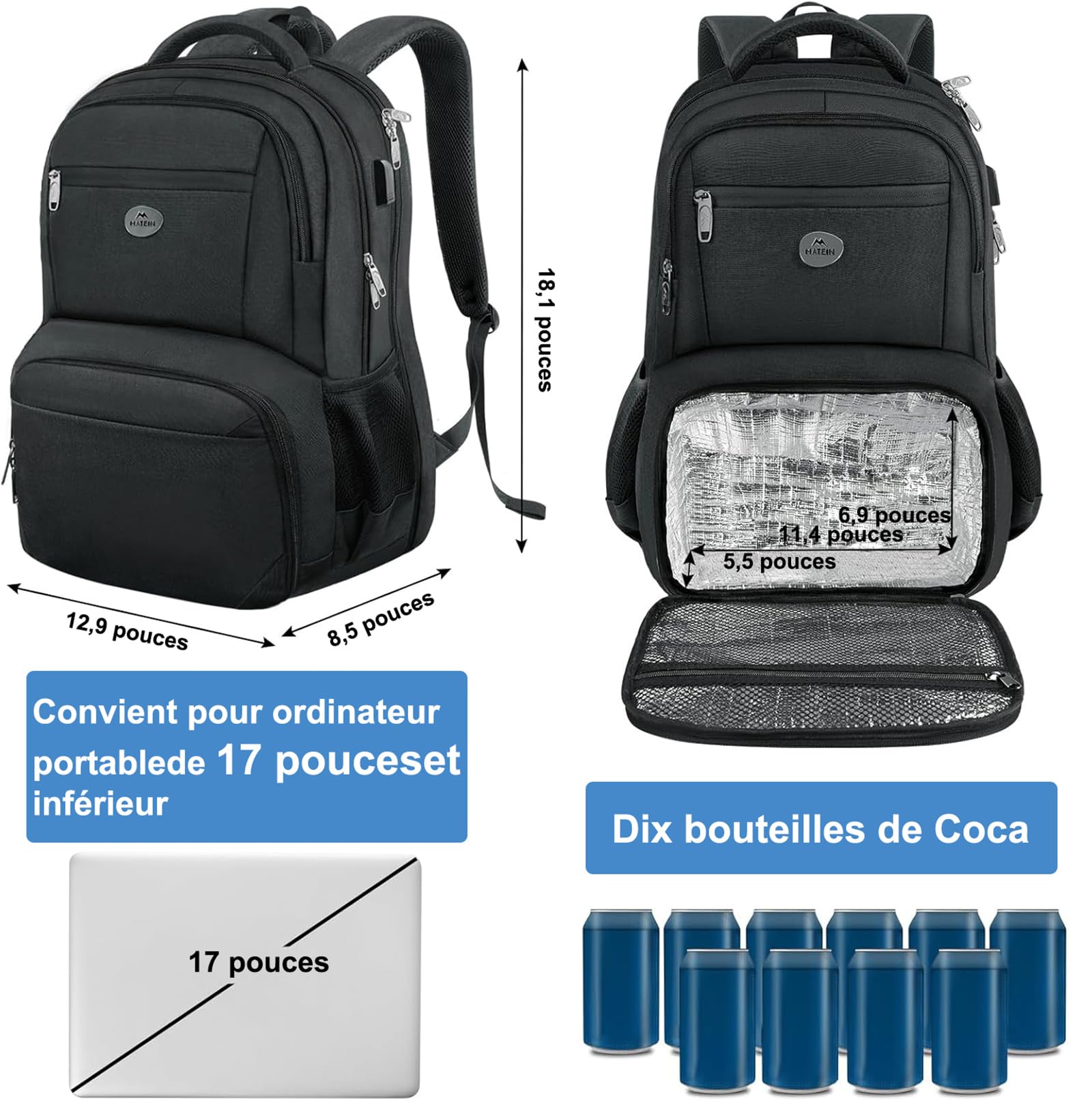 MATEIN Sac à Dos Ordinateur 17 Pouces Isotherme Repas TSA Voyage Noir