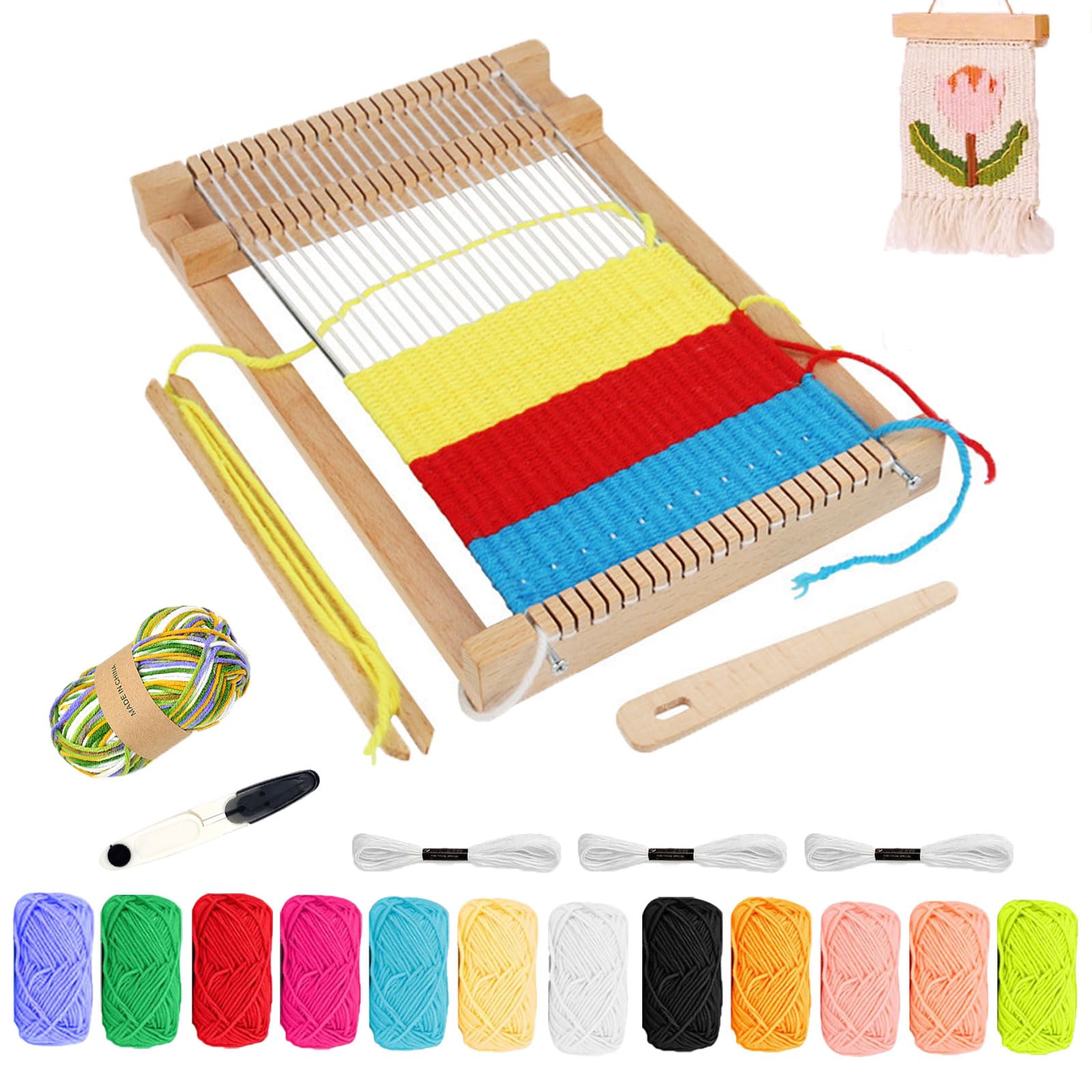 Métier à Tisser En Bois Pour Enfants – Kit Complet Avec 12 Couleurs De Fil, Navette, Peigne Et Bobine