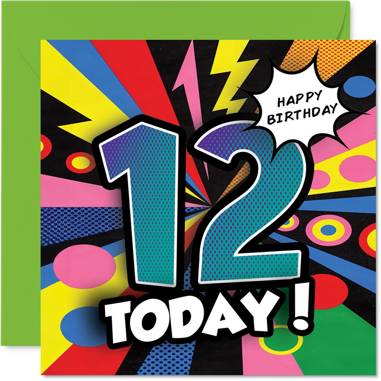 Celebratory 12th Birthday Card - Bursting with Birthday Energy - Bold Number 12 and Vibrant Multicolour Graphics - 145mm Square, Envelope Included