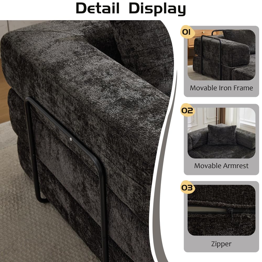 Divano da pavimento compresso 200x100 cm in ciniglia Nero, letto convertibile con struttura fissa, modulare boneless DIY, senza montaggio, per soggiorno e camera