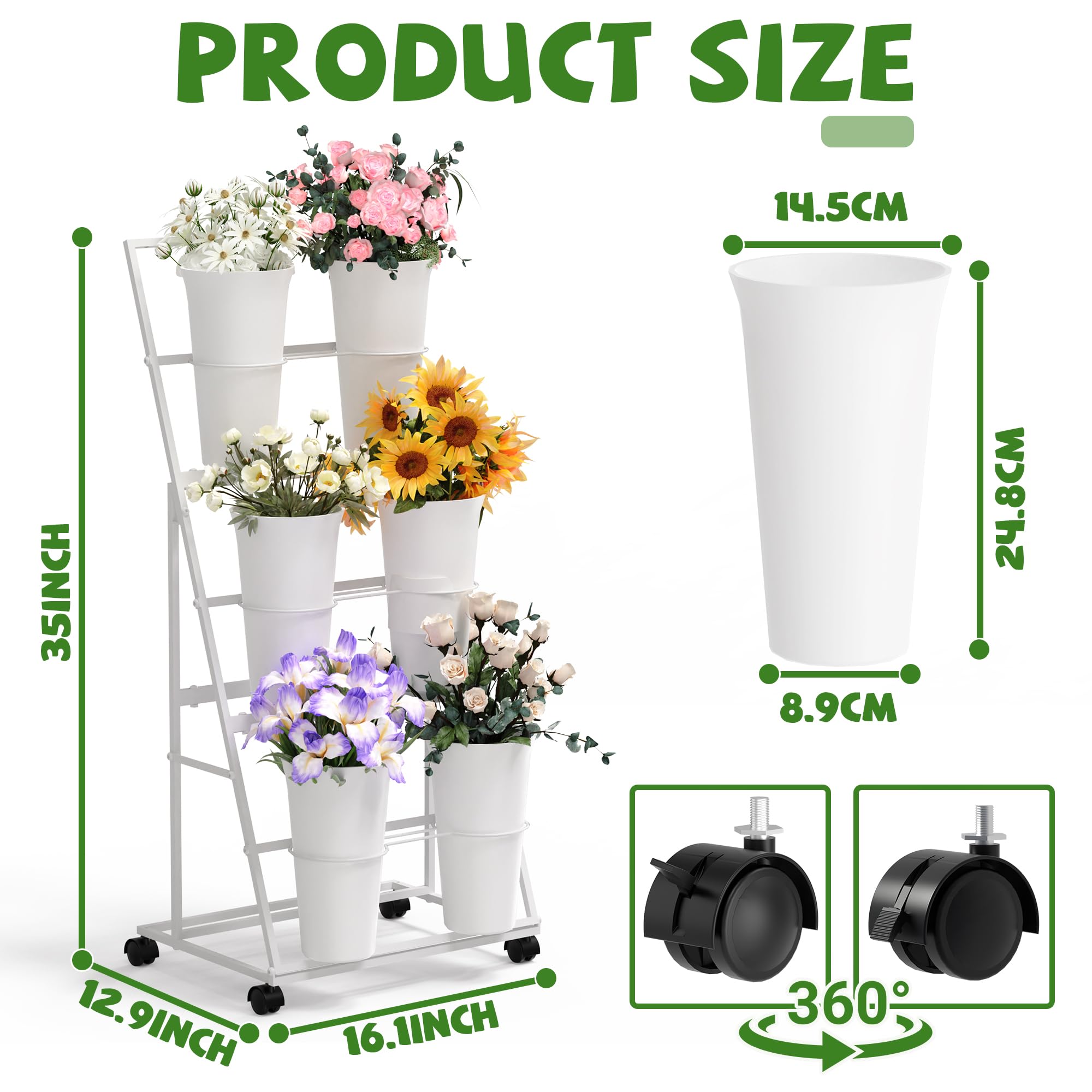 Invech Espositore per fiori con 6 secchi e ruote, a 3 ripiani, bianco, per interni ed esterni, giardino, matrimonio, negozio di fiori (brevetto esistente)
