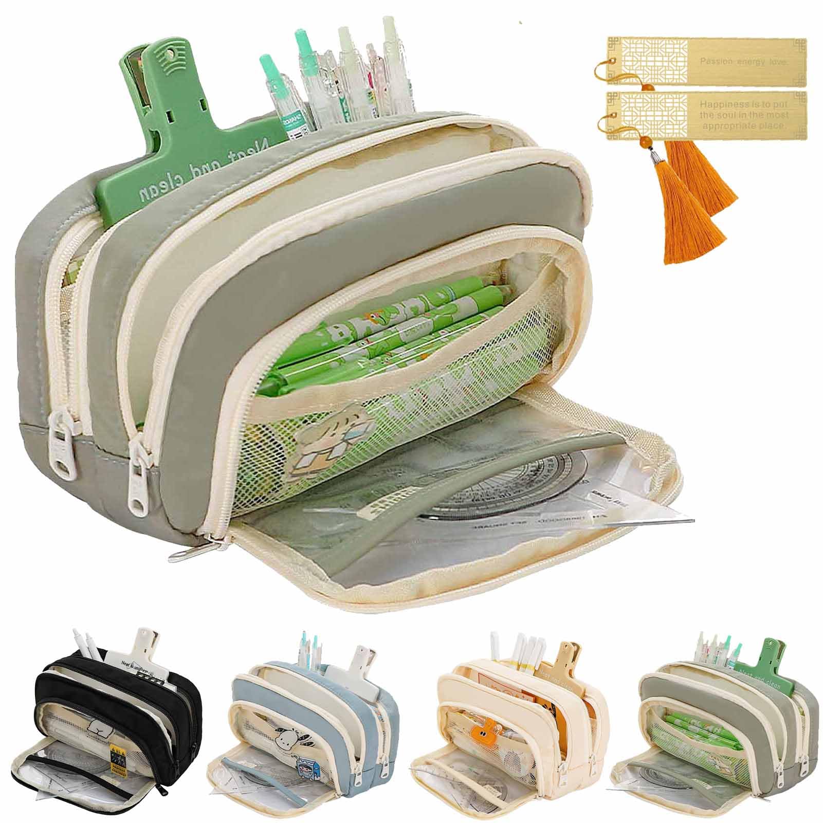 Cloudemo Women's Green Big Capacity Pencil Case, 3 Compartments Simple Storage Aesthetic Pencil Case, Large Capacity Pencil Pouch, Kawaii Pencil Case Organizer For And Girls (Green)
