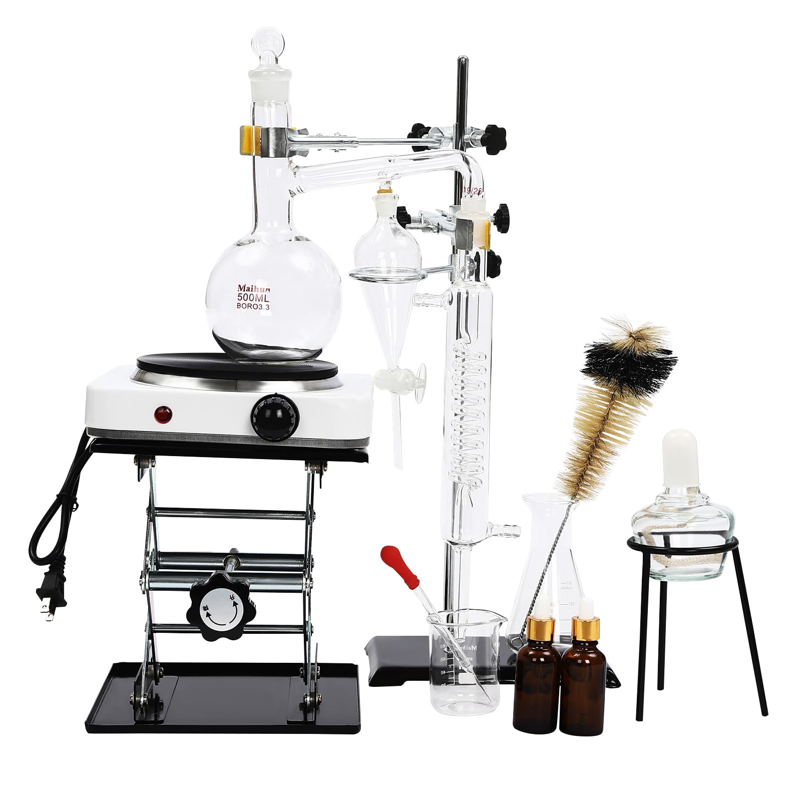 500ml Essential Oil Distillation Apparatus Lab Glassware Kits, Steam Water Distiller Purifier Kits, Include Electronic Heating Stove & Alcohol Lamp, for Home, Schools, Lab