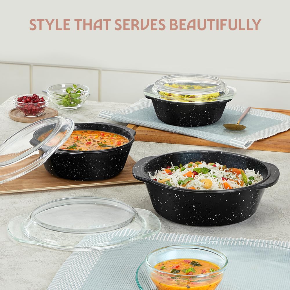 Borosil 700ml Pebble Black Round Deep Casserole with Lid | Borosilicate Glass Bakeware & Serveware Bowl with Flat Lid | Microwave, Dishawasher & Oven Safe Multipurpose Bowl for Mixing Dough, Salad, Batter 3