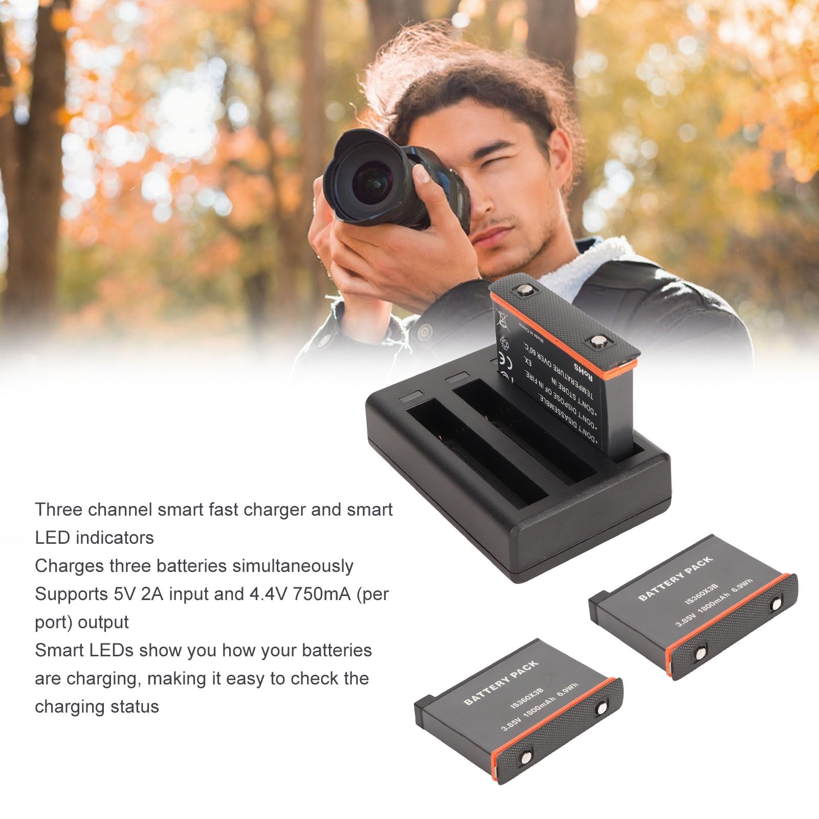 Chargeur Rapide à 3 Canaux pour Batterie au Lithium Polymère X3, Chargeur de Batterie pour Caméra d'action Haute Performance, Idéal pour Les Voyageurs, Matériau ABS