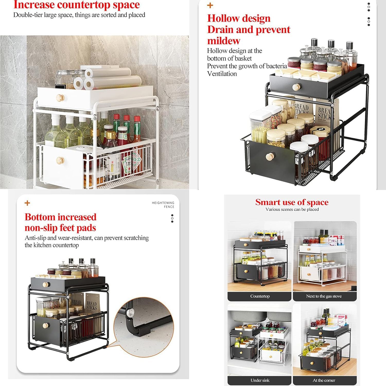 Organizzatore sotto lavello a 2 ripiani con cassetto scorrevole, cestino portaoggetti in acciaio al carbonio per cucina, bagno, dispensa, ufficio