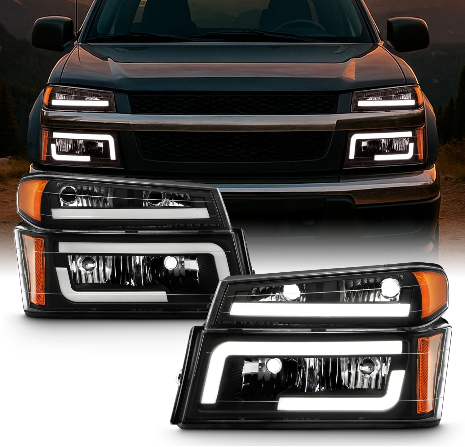 AKKON - Fits 2004-2012 Chevy Colorado/GMC Canyon 06-08 Isuzu i-Series [LED Tube Parking] Black Headlights Headlamp Pair LH+RH
