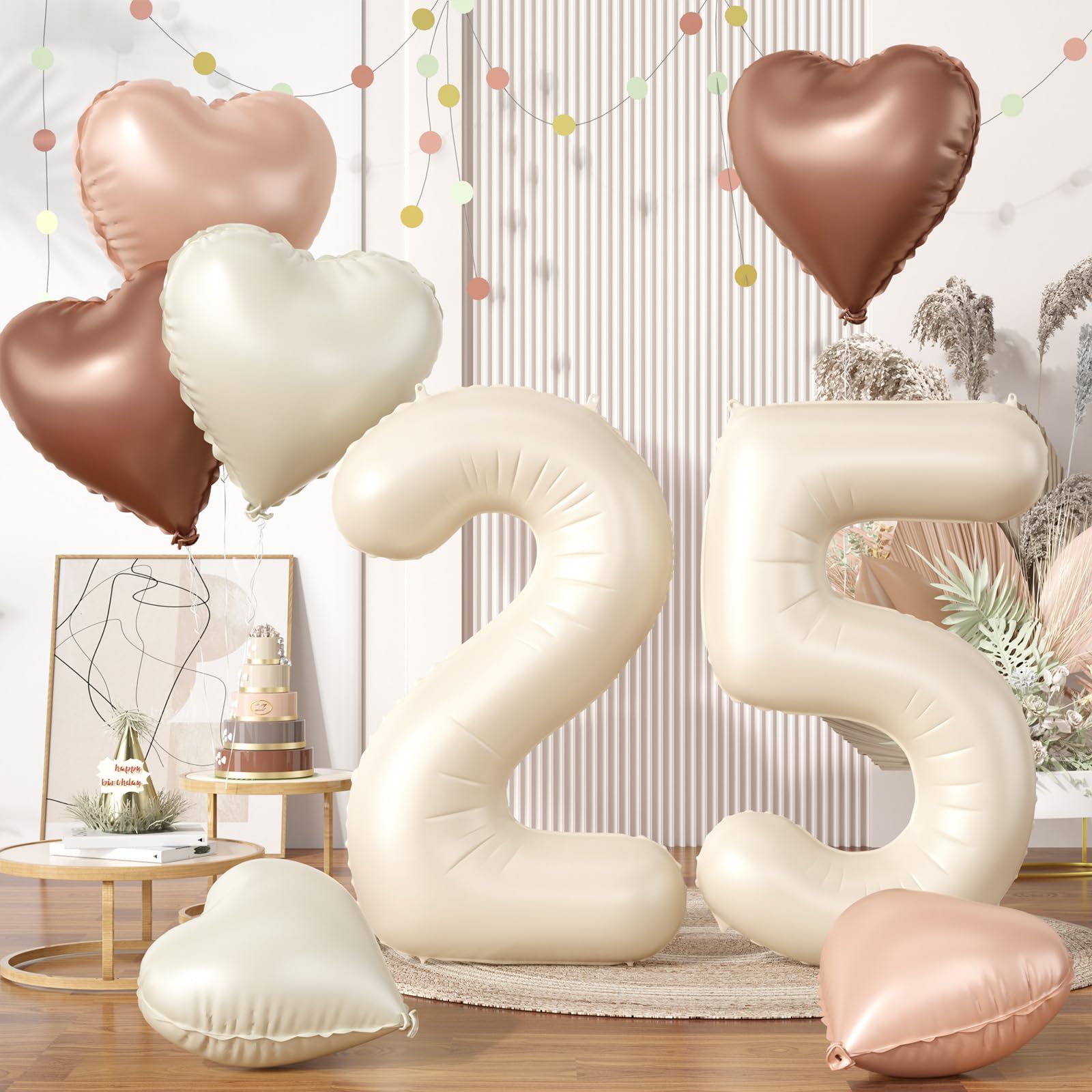 40 Inch 25 Balloon Number, Large Cream Number 25 Balloons with Nude Brown Tan Beige Cream White Neutral Foil Heart Balloons Helium for Men Women 25th