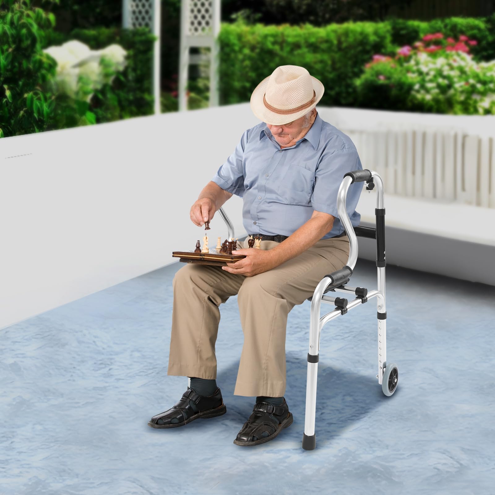 Regulowany wózek do chodzenia z kółkami, regulacja wysokości 75-90 cm, antypoślizgowy, stabilny wózek do chodzenia do 100 kg, składany chodzik dla seniorów