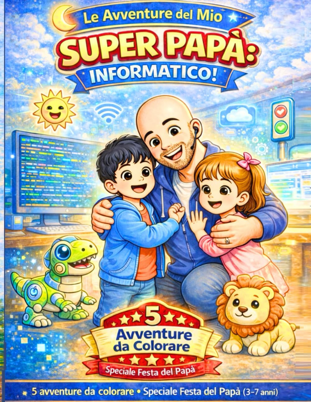 Le Avventure del Mio Super Papà: Informatico! Libro da colorare: 5 avventure da colorare - Speciale Festa del Papà (3–7 anni)