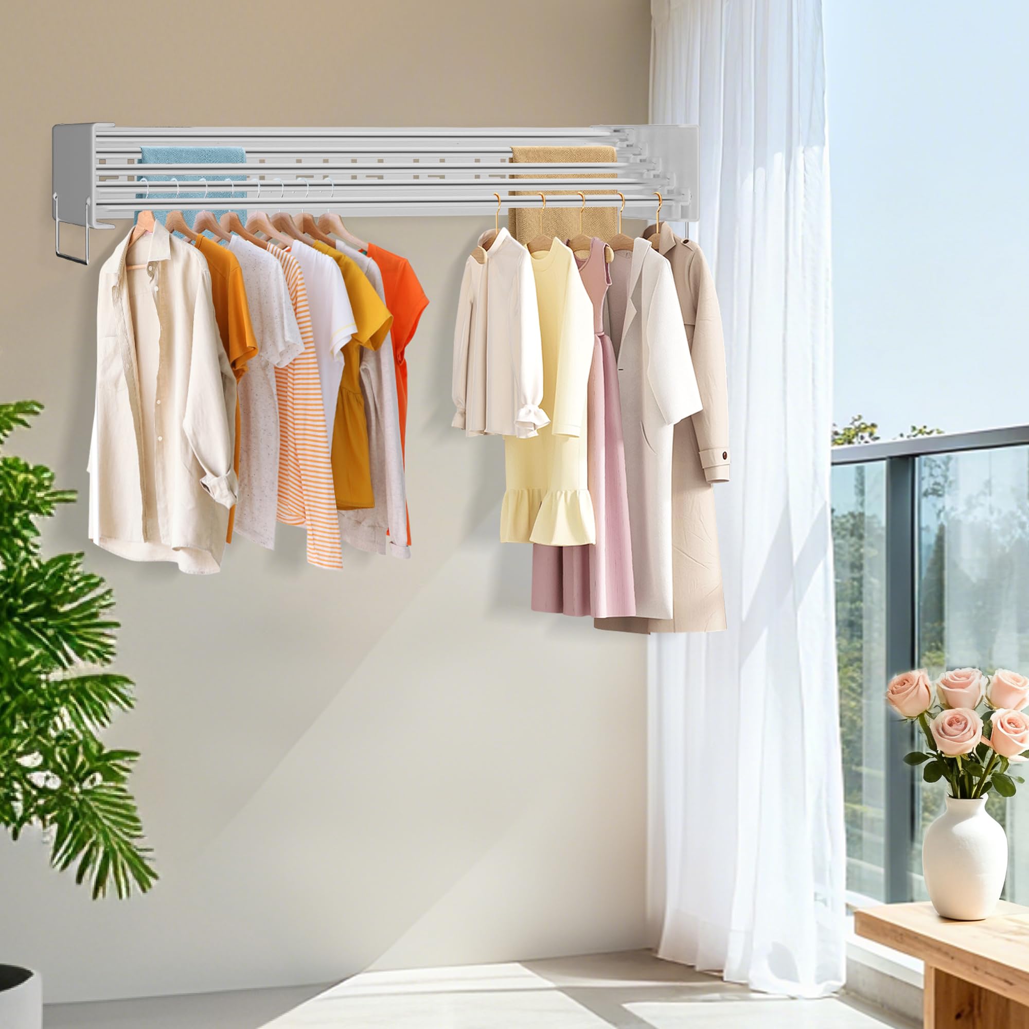 Stendibiancheria da parete con 5 barre, stendibiancheria pieghevole per interni ed esterni, 4 metri di lunghezza di essiccazione, risparmio di spazio, bianco (80 cm)