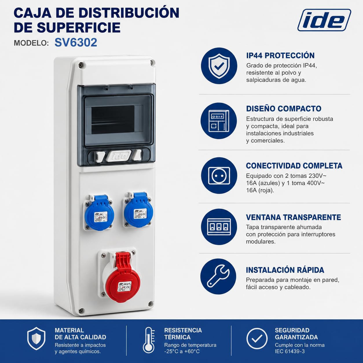 CABLEPELADO Caja distribucion electrica superficie IP44 con 3 bases 3P+T Blanco