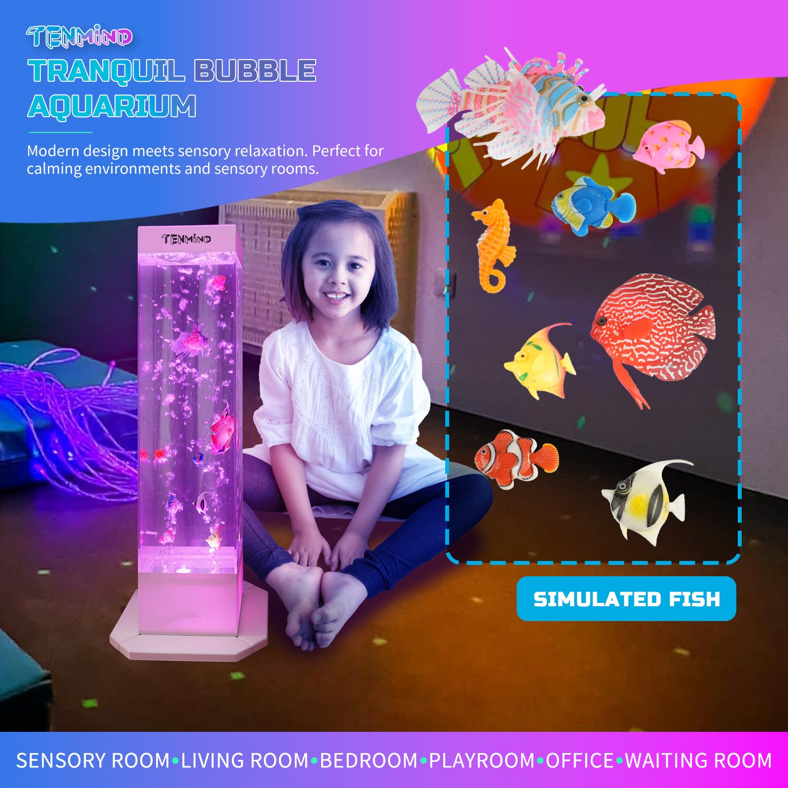 Tenmind Customizable Soothing Bubble Fish Tank with Remote Control – Sensory-Friendly Water Column Light on Stable White Wooden Base – Ideal for Sensory Rooms, Relaxation, and Stress Relief (32Inch)