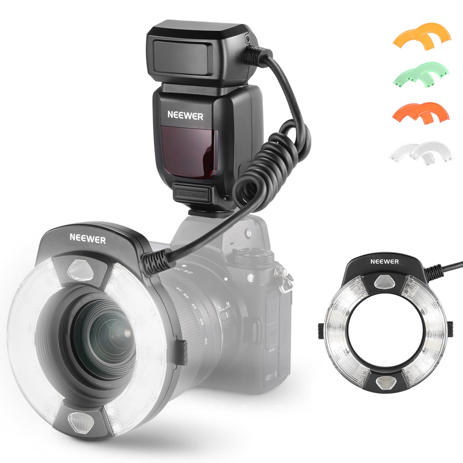 NEEWER RF1-N 76Ws Marco Ring Flash Compatible with Nikon Camera, 1-1/128 Output, GN15, 5600K, Front/Rear Curtain Sync TTL External Flash Light with Color Gels & Lens Adapters for Macro Photography-picture-17
