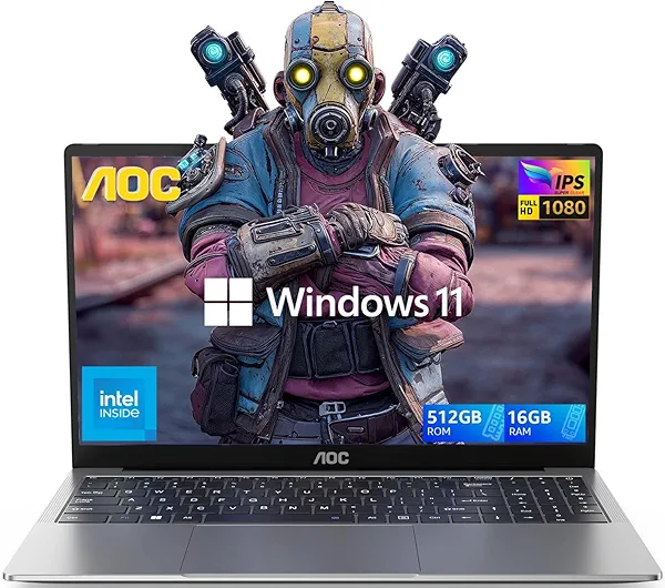 AOC 2025 AX15 Laptop Computer, 15.6-inch FHD Screen, Work Laptops with N95 Processor(Up to 3.6GHz) 16GB RAM, 512GB SSD, Windows 11 Laptop Computer, Light&Thin, Metal Shell, Webcam, Type-C, USB3.2