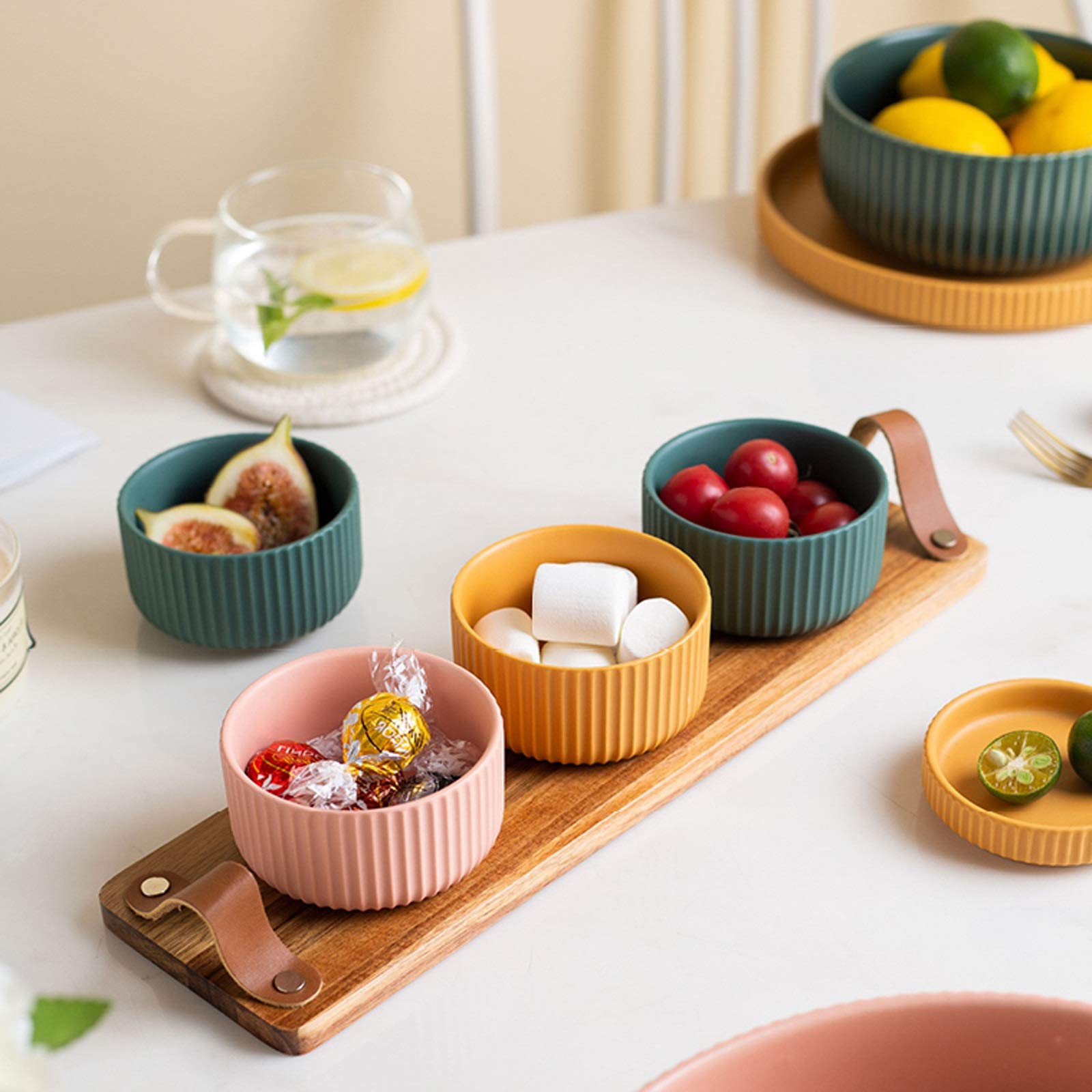 Ciotoline da Snack 3pcs ciotole di immersione in ceramica con vassoio in legno stile giapponese in immersione in salsa di salsa / piatti adatti for dips, cereali, insalate, dessert (giallo / verde / r