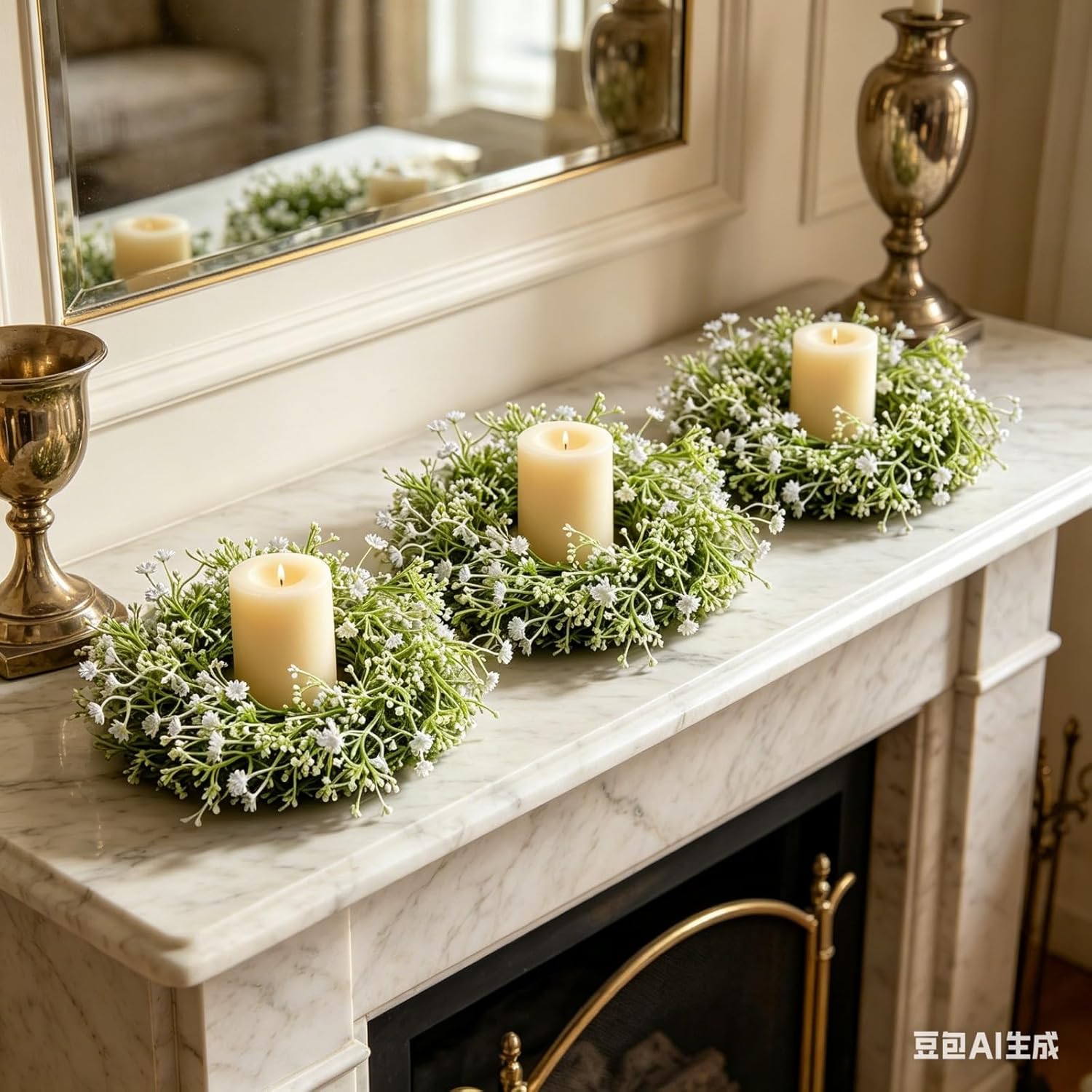 6 Pcs Mini Baby Breath Candle Rings Wreaths Gypsophila Pillar Holder Wreath Artificial Flower Spring Summer Floral Wreath for Wedding Farmhouse Porch Cabinets Table Decoration