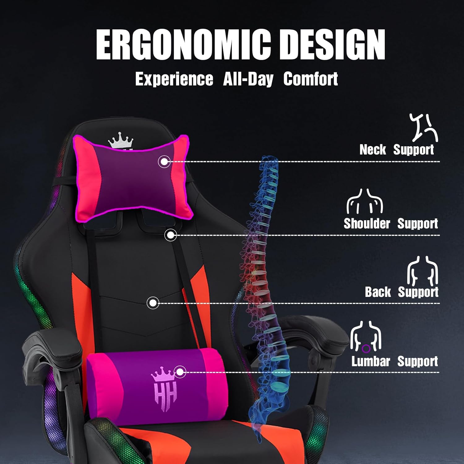RGB Gaming Chair with Footrest, Computer Gaming Chair with LED Lights for Adults, Reclining Gamer Chair with Adjustable Headrest, Lumbar Support and Linkage Armrests for Home, Office, Gaming Room