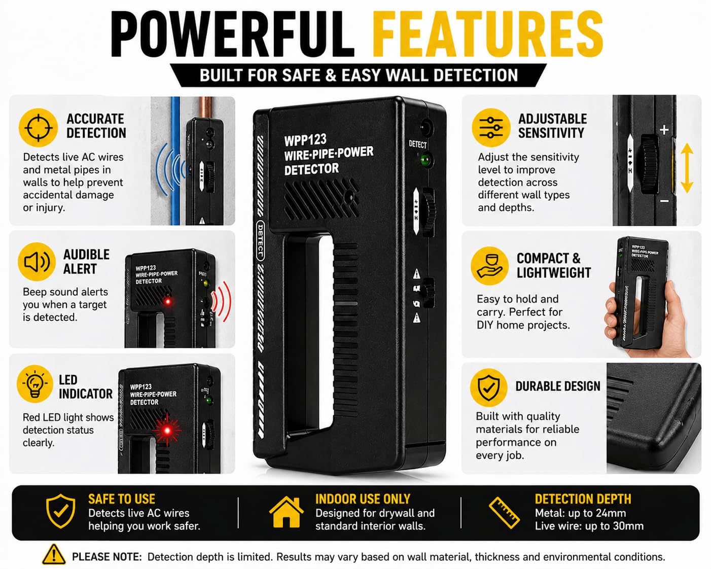 Escáner de pared y detector de metales, buscador de pernos de alta sensibilidad con alerta ajustable, detecta tuberías, cables y tachuelas, herramienta multifunción profesional y bricolaje, plástico