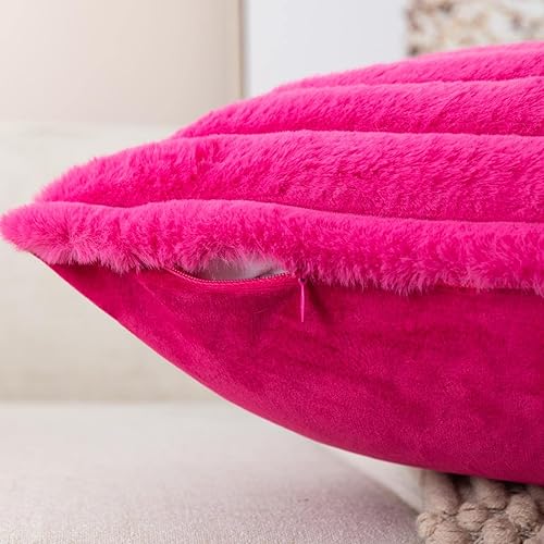 Miniatura 4 de ZLINA Juego de 2 fundas de almohada de felpa de piel sintética de color rosa intenso, fundas de cojín mullidas a rayas, 12 x 20 pulgadas, decoración