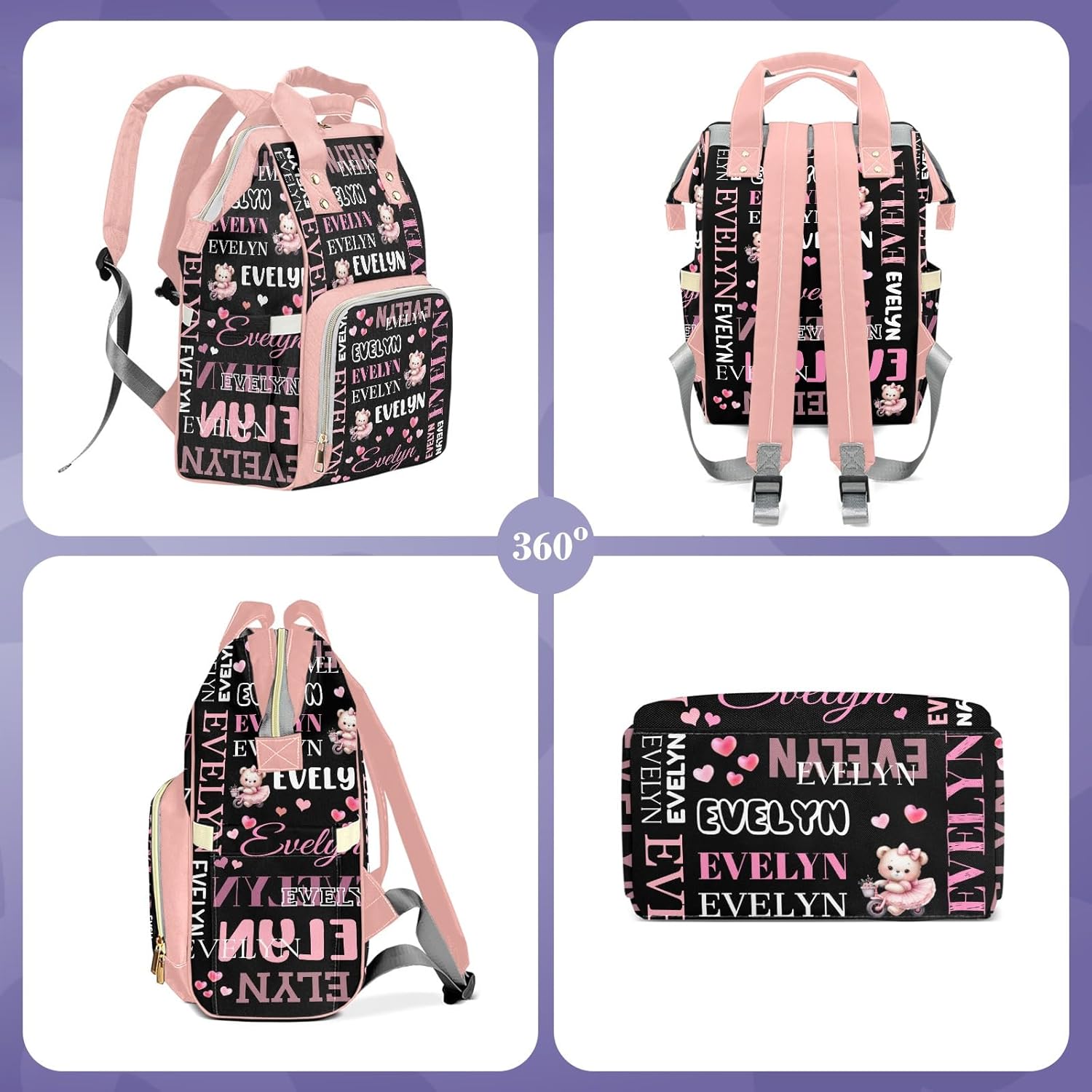 Customizable Large Capacity Diaper Bag Personalized Name, Waterproof Multi-Function Mommy Bag with Thermal Pockets for Girls and Boys，Baby bear
