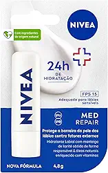 NIVEA Protetor Labial Med Repair FPS15 4,8g - Hidrata e regenera os lábios ressecados e machucados, com Vitamina E e óleos naturais, proporciona reparação intensiva e alívio imediato