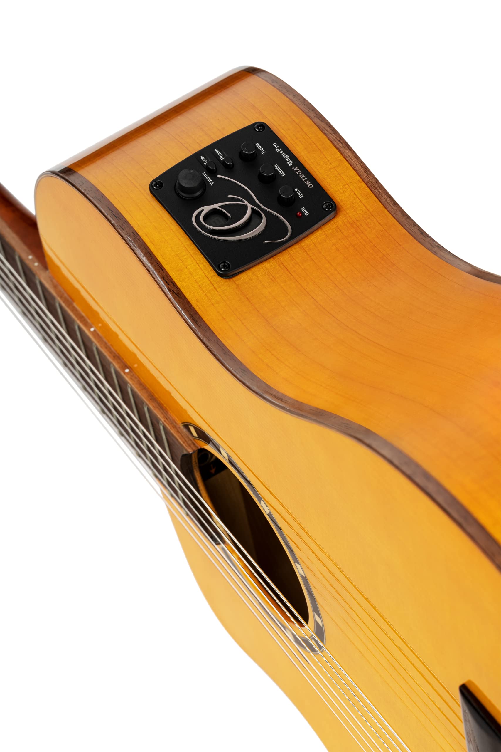 Ortega Guitars Family Series Pro - Guitarra flamenca para zurdos, tamaño 4/4, electroacústica, pícea y ciprés con acabado brillante, color amarillo – Incluye funda (RCE170F-L)