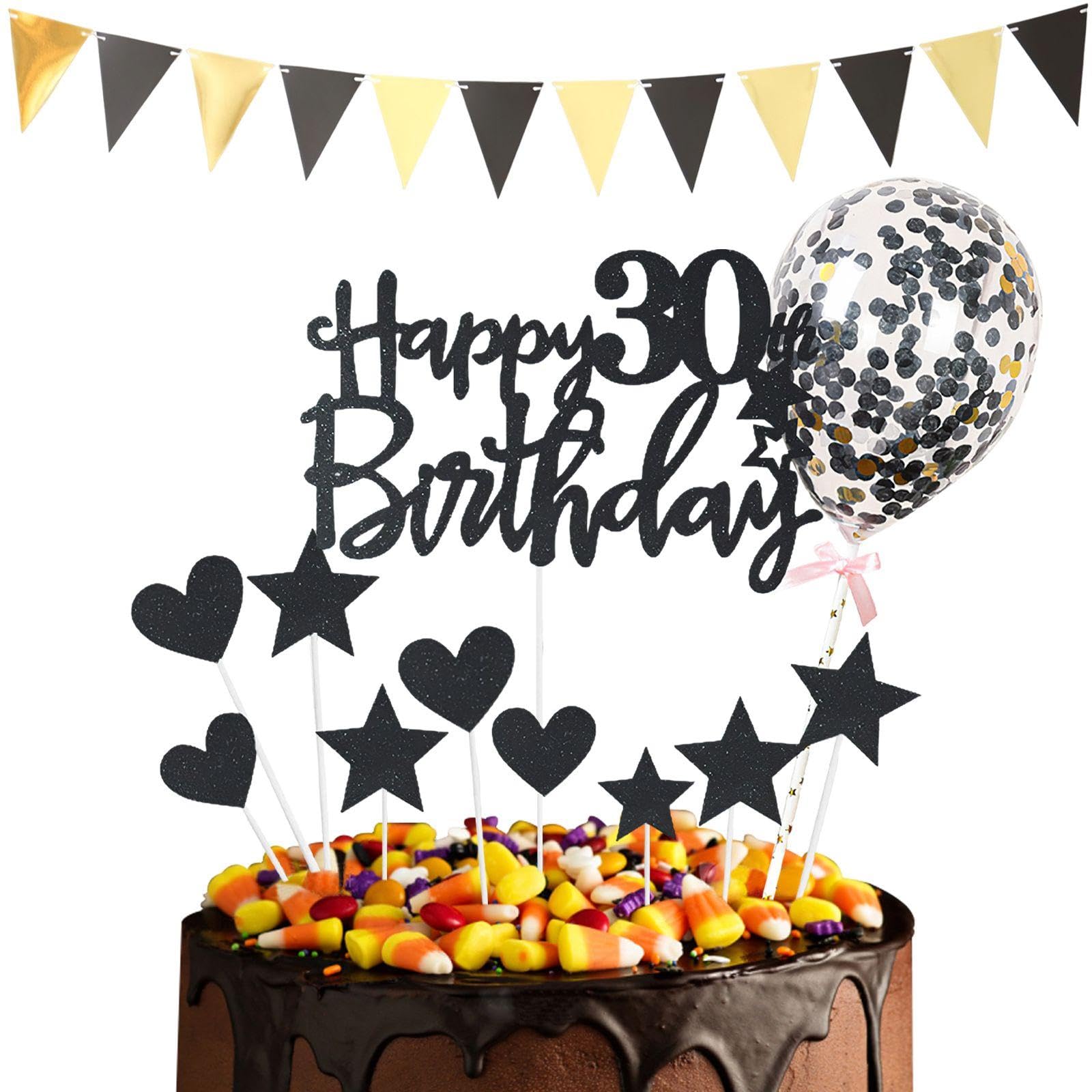 Memofynd Black 1 Set Of Birthday Cake Inserts And 1 Piece Of Birthday Banner, Cake Decorations, 30Th Birthday Party Decorations, Birthday Party Supplies