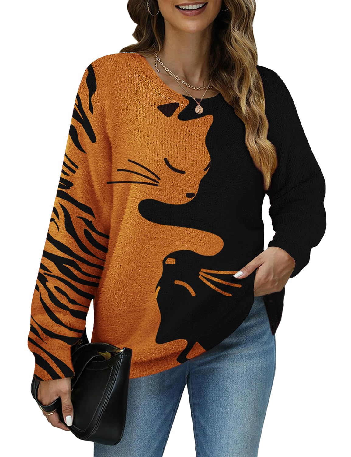 YESNO Women Christmas Sweater Graphic Printed Oversized Pullover Sweaters Casual Loose Knit Tops S01