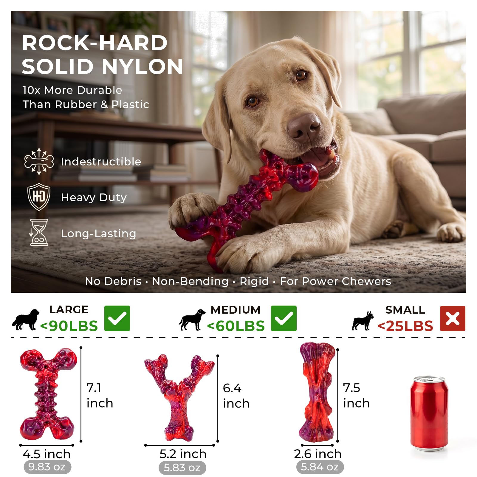Kseroo Kauspielzeug für Hunde, Rindergeschmack, mittelgroße und große Hunde, Rot, 3 Stück | Unzerstörbares, steinhartes Nylon, 11,3–40,8 kg, aggressive Kauer, robuste Hundeknochen